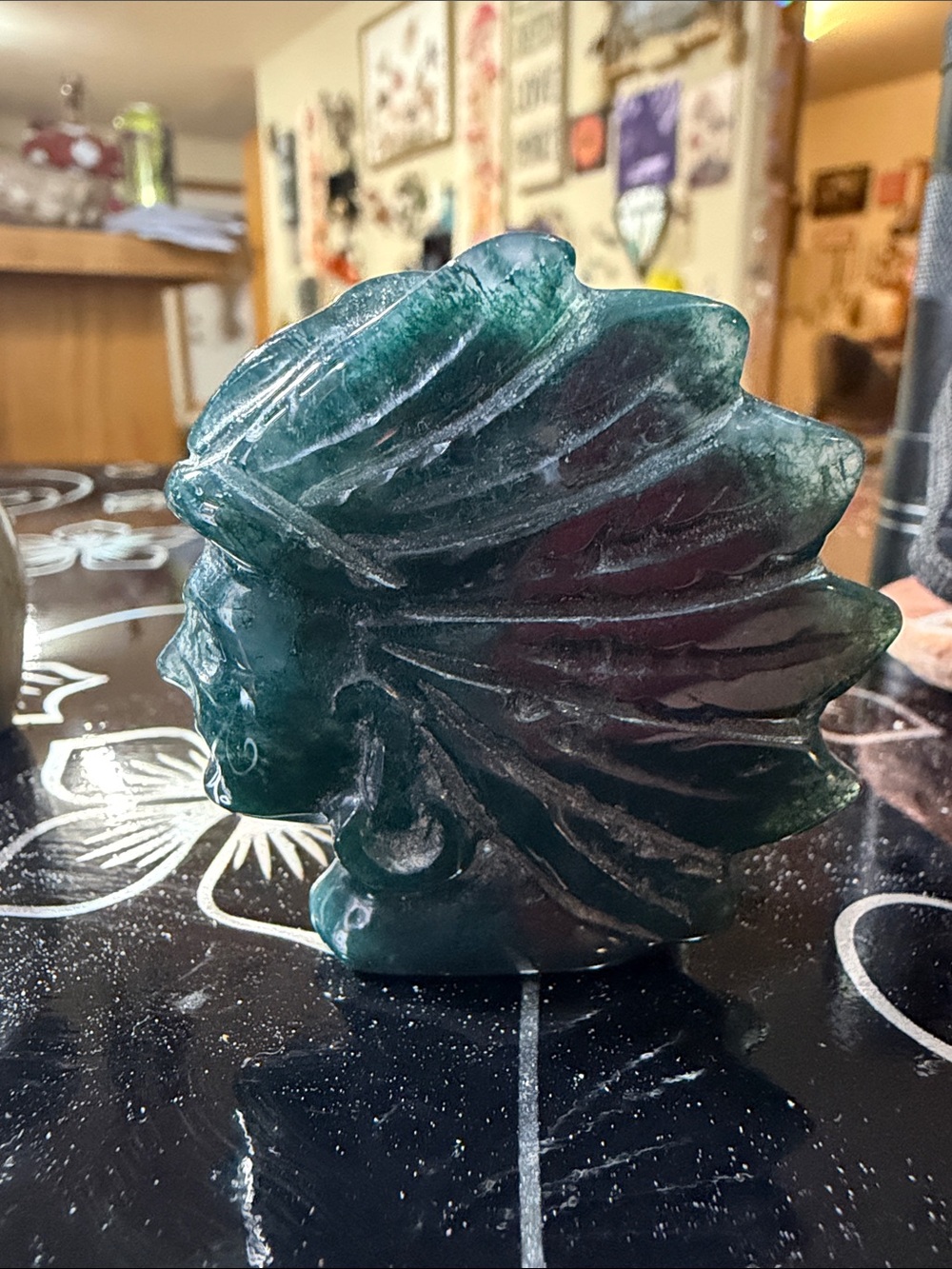 Hand-Carved moss agate Decorative Native Headdress Sculpture